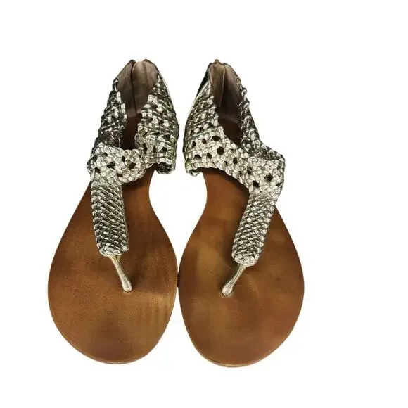 Nine West Thong Sandals Gold Weave Boho Beach Resort Summer Vegan 8M - Picture 2 of 5